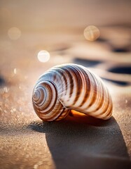 A close-up of a seashell on the sandy beach, showcasing its intricate patterns, delicate ridges, and natural textures with soft sunlight highlighting its curves