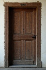 A weathered, six-panel wooden door with a dark brown finish, set within a rustic frame, features a simple, old-fashioned door handle.