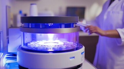 Scientist operating lab centrifuge in sterile facility