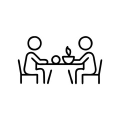 Two people dining together at a table, enjoying a meal, black outline, modern design