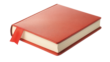 A red hardcover book with a bookmark inside.