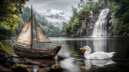 Wooden Boat and White Duck on a Calm Lake with Waterfall and Misty Mountains