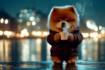 Problem of endangered animals. Sad cute baby dog chow chow in winter warm clothes, holding warm drink with rising steam in paws. Social marketing - animal care. Winter pet warmth. Dog cold coat.