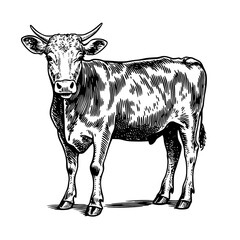 Vector engraved illustration of a standing cow in a rustic setting showcasing its detailed features and posture