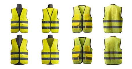 Assorted Views of High Visibility Safety Vests for Workplace Use, Bundle Set Collection, Isolated on Transparent Background