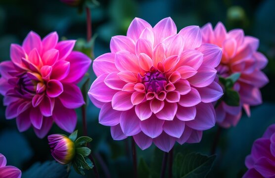 A vibrant and colorful photograph of pink and purple dahlia flowers with dark green leaves in the background. The focus is on one flower that has multiple petals