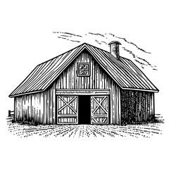 Detailed vector engraving of a rustic wooden barn with a sloped roof and open doors