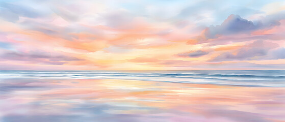 Obraz premium serene watercolor painting of colorful sunset over ocean, featuring soft pastel hues reflecting on water surface, creating tranquil atmosphere