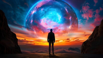 Surreal Landscape with Starry Sky and Silhouette of a Man Standing