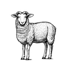 Vector engraved illustration of a sheep standing in a pastoral landscape with distinct features and details