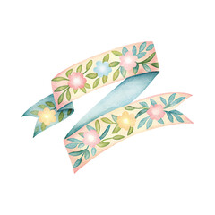 A decorative ribbon adorned with floral patterns, featuring pastel colors and a flowing design.