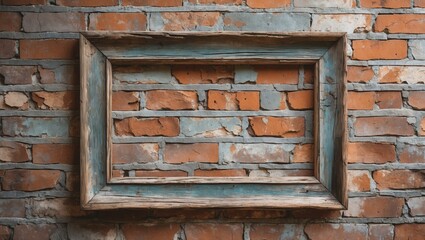 Naklejka premium Empty wooden frame against brick wall. Orange and blue bricks texture background. Simple border for mockup, aged wood with blue accent.