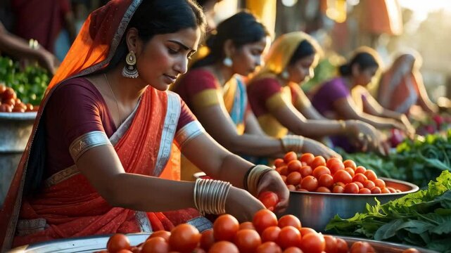 A bustling vibrant outdoor market scene, focusing on a row of women dressed in colorful saris, engaged in sorting fresh produce