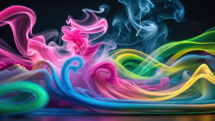 Fototapeta premium Colorful smoke flowing on dark background. Pink, blue, green and yellow glowing fog undulates creating abstract shapes. AI generated