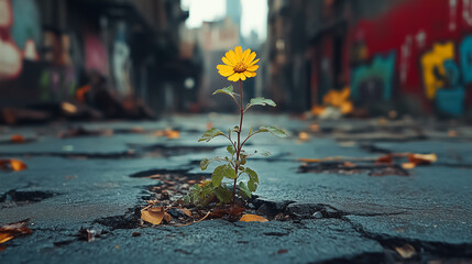 In a gritty, urban area where life seems tough, a solitary yellow flower breaks through the hardened asphalt, showcasing nature's resilience and beauty amid concrete chaos and decay