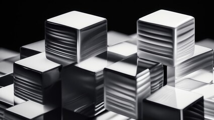 Metallic Cubes Structure, geometric arrangement. Polished silver blocks pile on dark background. Abstract reflective cube design.