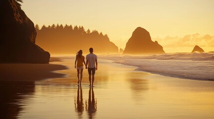 A loving couple strolls along the beach under a warm sunset.