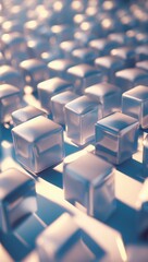 Fototapeta premium Shiny cubes in even rows reflect light. Blue and beige gradient colors on cubes surface with soft shadows. Abstract texture of squared geometric shapes.