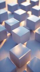Obraz premium White Cubes Pattern. Many plain white cube shapes evenly spaced over light blue surface. Warm light shines on top of some cubes.