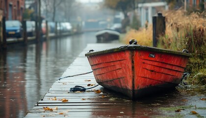 Red boat rests on dockside canal in Autumn