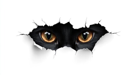 Black cat eyes peering through torn paper