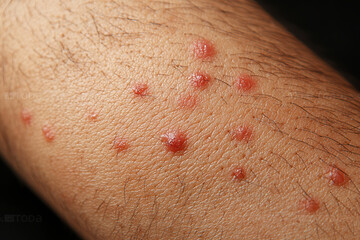 The image shows a close-up of a forearm with raised, red skin lesions resembling hives or irritation. Insect bites and stings