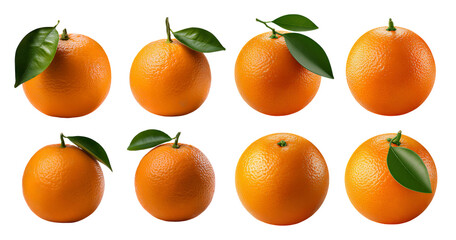 Fresh Oranges with Leaves on a Black Background, Top View Display, Bundle Set Collection, Isolated on Transparent Background
