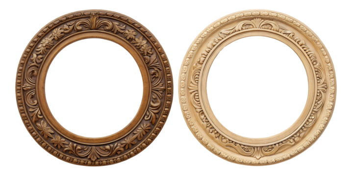 Two Different Style Oval Round Antique Carved Wooden Frame, Vintage Wooden Frame, Carved Picture Frame, PNG Transparent