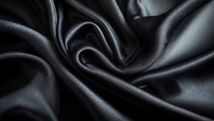 Fototapeta premium Black fabric folds. Silky cloth background showing dark color and shiny surface. Smooth material texture with rich tone.