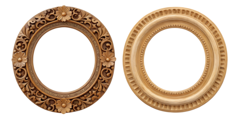 Two Different Style Oval Round Antique Carved Wooden Frame, Decorative Wooden Frame, Antique Carved Design, PNG Transparent