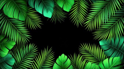Fototapeta premium Tropical leaves frame, black background, summer vacation, design element