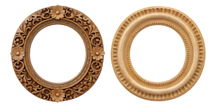 Two Different Style Oval Round Antique Carved Wooden Frame, Decorative Wooden Frame, Antique Carved Design, PNG Transparent