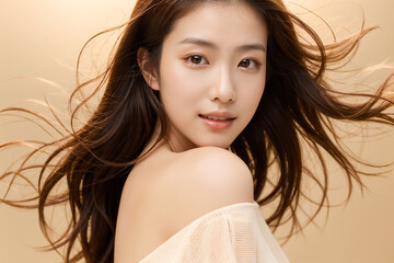 Headshot of a woman showing her shoulders and her hair blowing softly in the wind, AI-generated