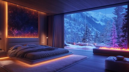 Modern Minimalist Bedroom with Stunning Nighttime Mountain View