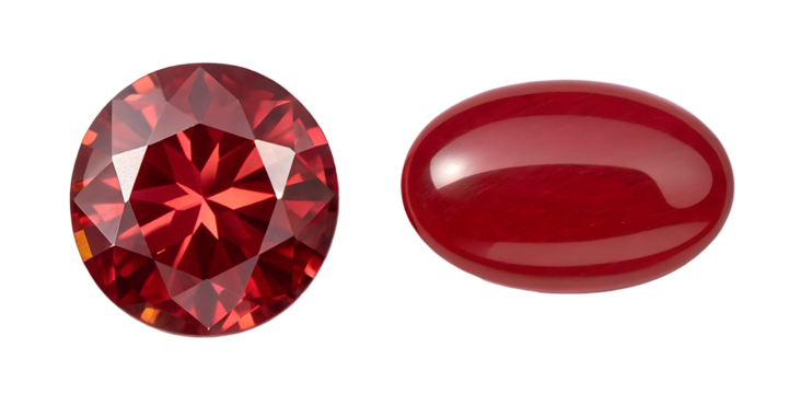 Two Different Style Red Gem Stones on White, Luxurious Red Gemstones, Shiny Gem Display, PNG Transparent