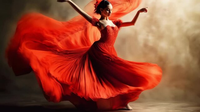 An elegantly dynamic Flamenco dancer exudes artistic grace and passion, with a swirling red dress