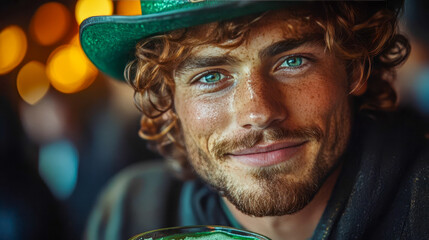 A man in a green hat with a large glass of green beer, celebrating St. Patrick's Day