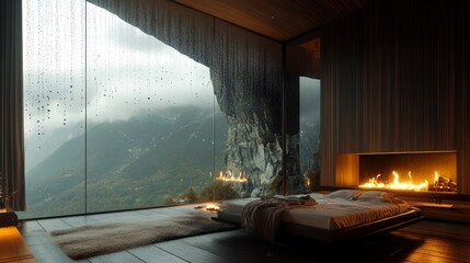 Modern Mountain Interior with Rain View and Fireplace