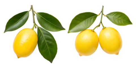 Two Different Style Three Ripe Lemons on a Branch with Leaves, Ripe Lemons on Branch, Fresh Fruit on Tree, PNG Transparent