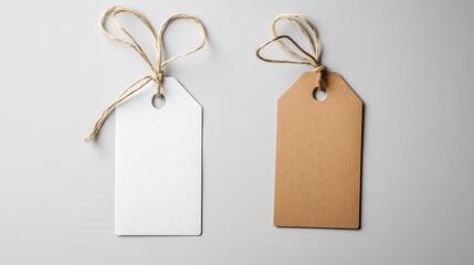 Blank gift tags twine tied, neutral background