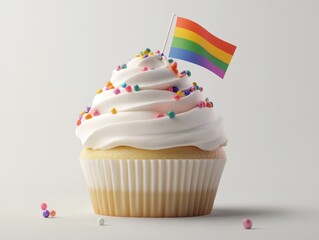 Vanilla cupcake with rainbow flag and sprinkles  

