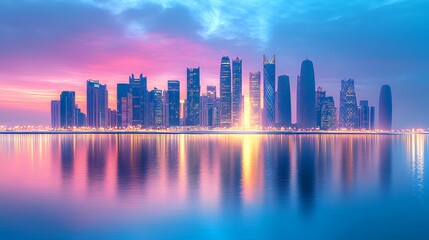 Obraz premium Stunning City Skyline Reflected on Water at Dusk with Vibrant Colors