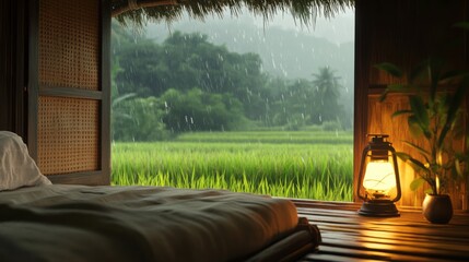 Peaceful Rain Over Lush Green Rice Paddy Viewed From Rustic Bamboo Hut Bedroom