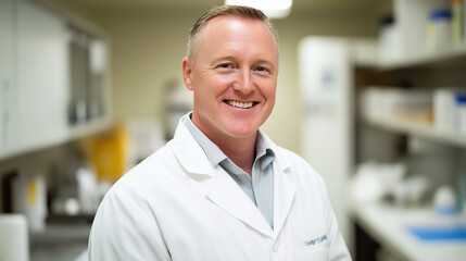 Fototapeta premium Portrait of a Smiling Veterinarian in Clinic with Gentle Expression and Soft Studio Lighting, Head and Shoulders Shot, Professional Animal Care, Warm and Caring Atmosphere