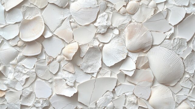 Close-up of various white sea shells creating a textured natural background with organic patterns and earthy tones.