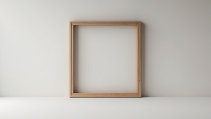 Empty light brown wood frame standing on white surface. Mockup template with neutral wall as background, simple border for art or photo.