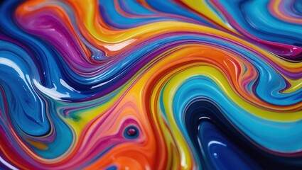 Colorful paint waves flowing together. Abstract design with blue, purple, orange, and yellow color mix with shiny surface