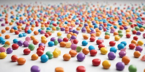 Colorful candy pieces are scattered randomly on a clean white surface in a playful manner , random candy arrangement,