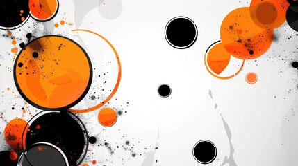 Abstract black and orange circles with splatter effects on white background. Background image of black and orange circle oil texture floating on water surface. Digital art for dynamic design. AIG51.