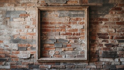 Naklejka premium Empty frame on brick wall background. Wood frame hanging on old bricks in colors of brown, gray, and tan, creating rustic backdrop.